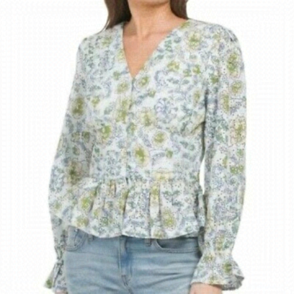 𝅺SEVEN for All Mankind blue floral print Peplum Blouse size Medium